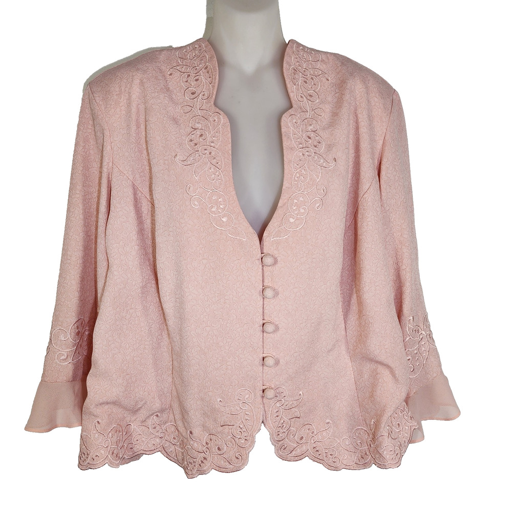 Danny & Nicole Women Blazer Victorian Scalloped Edge Pink Button Embroidered 20W